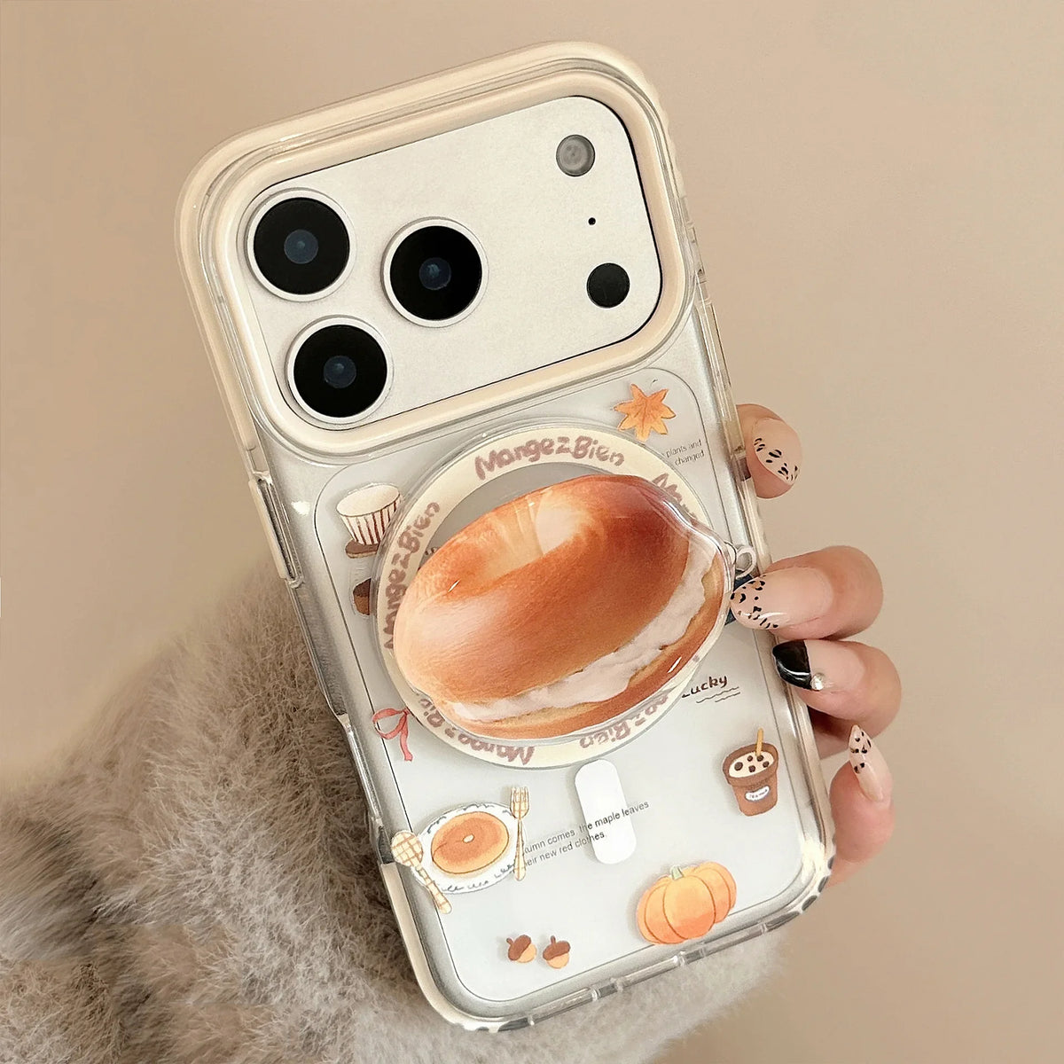 Korean Cartoon Cream Bagel Magnetic Bracket Phone Case For iPhone