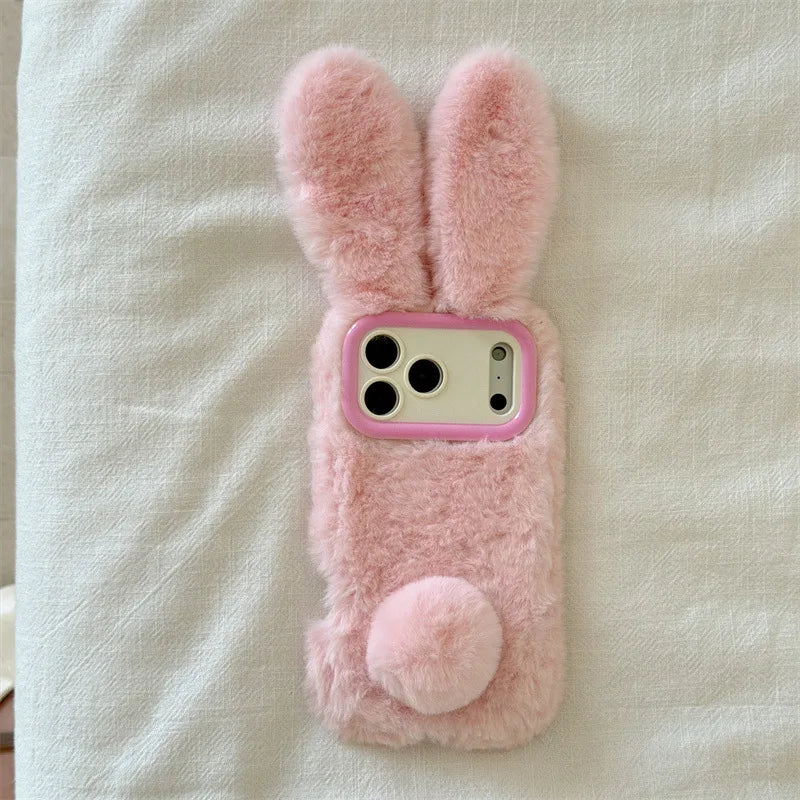 3D Cartoon Solid Colors Rabbit Furry Plush Phone Case For iPhone