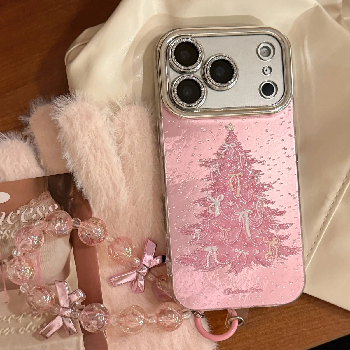 Pink Christmas Tree Glitter With Chain Phone Case For iPhone