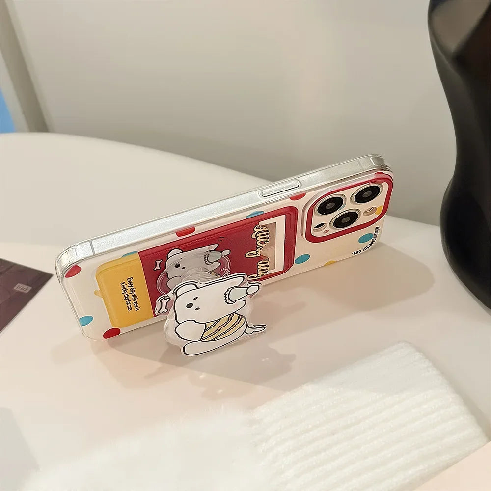 Cute Cartoon Puppy Bracket Card Holder Phone Case With Lanyard For iPhone