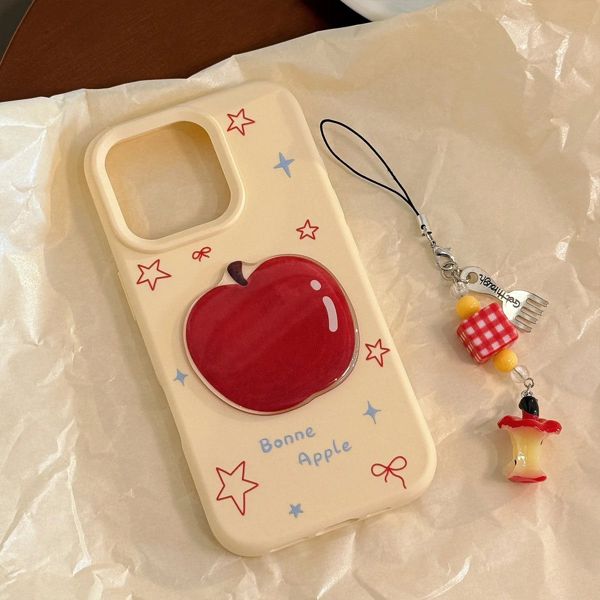 Korean 3D Cartoon Red Apple With Fork Apple Core Pendant Soft Phone Case For iPhone