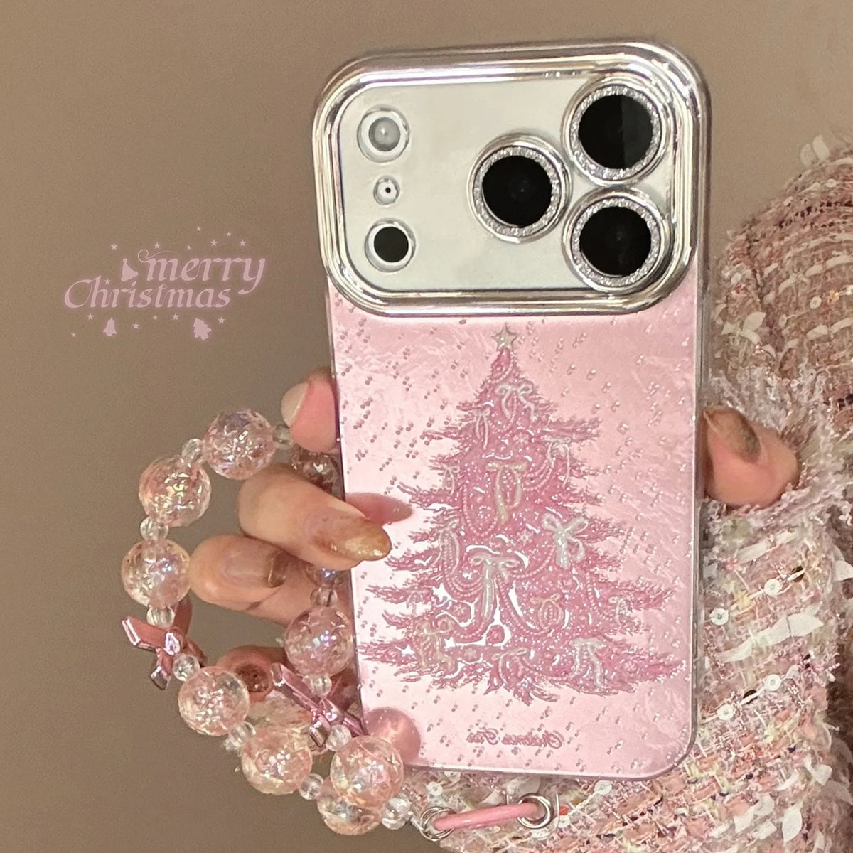 Pink Christmas Tree Glitter With Chain Phone Case For iPhone