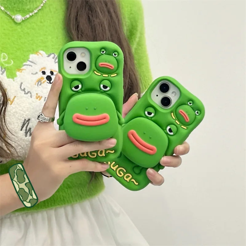 Cute Cartoon Thick Lips Frog Silicone Telescopic Bracket Phone Case For iPhone