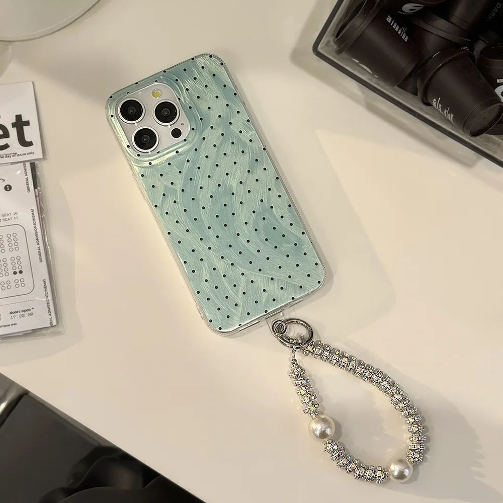Y2K Green Polka Dot Beaded Bracelet Phone Case For iPhone