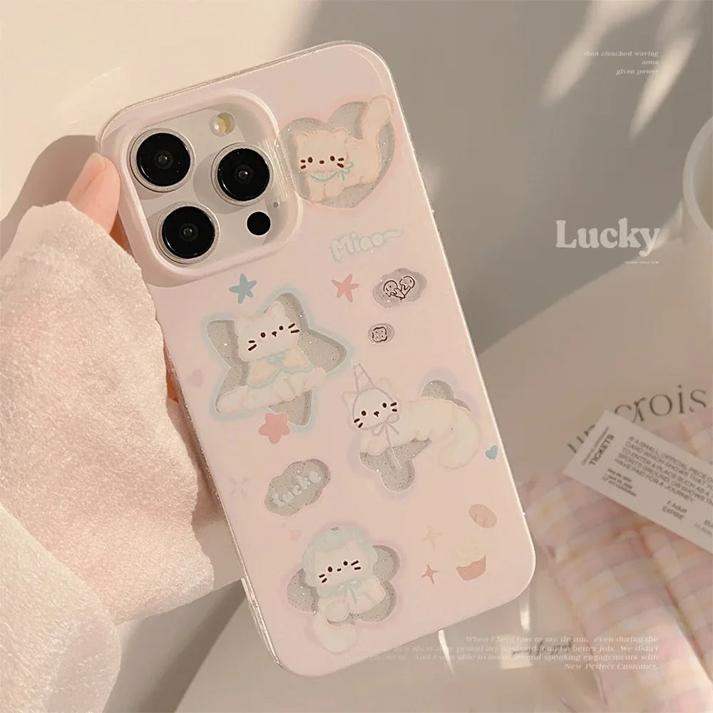 Korean Glitter Cartoon Cute Cats Clear Soft Phone Case For iPhone
