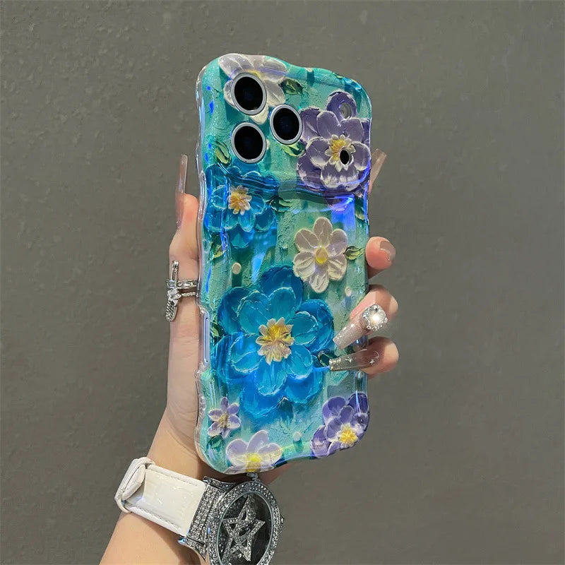 Luxury Blue Light Oil Painting Flowers Wavy Phone Case For iPhone