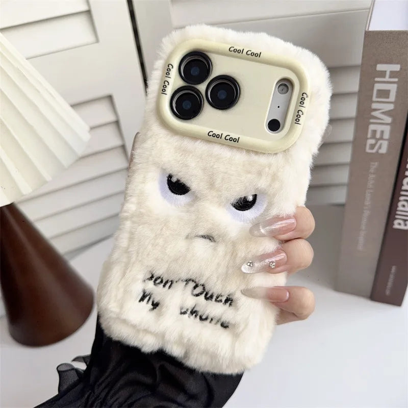 Cartoon Angry Face Expression Fluffy Plush Phone Case For iPhone