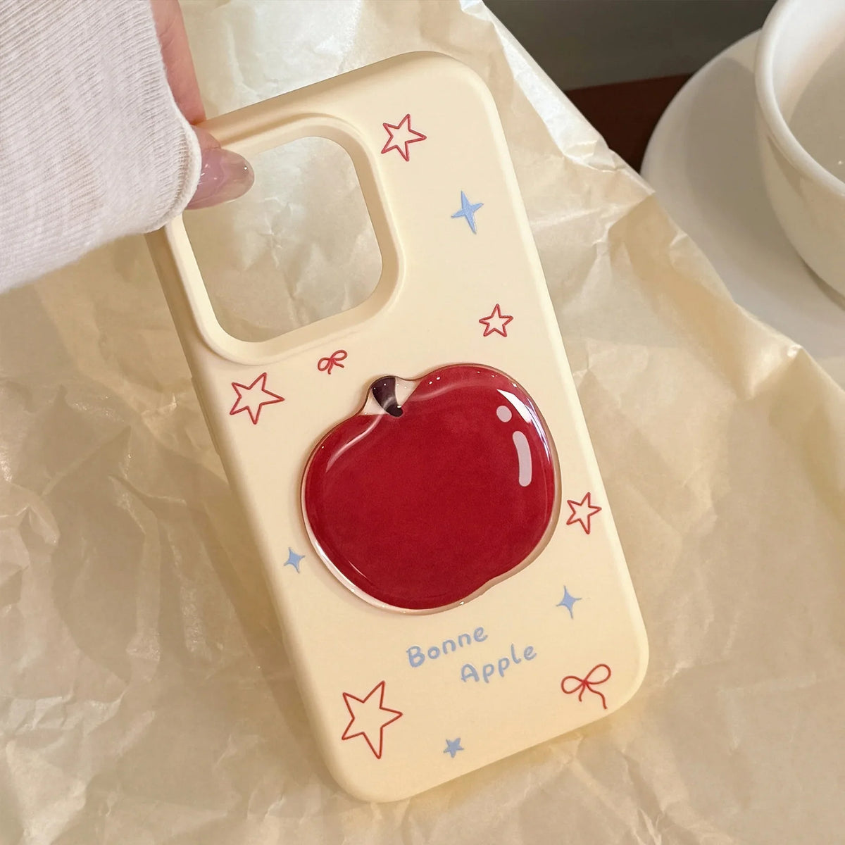 Korean 3D Cartoon Red Apple With Fork Apple Core Pendant Soft Phone Case For iPhone