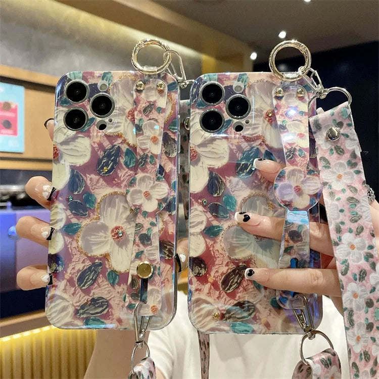 Fashion Oil Painting Flower Crossbody Lanyard Wrist Strap Phone Case For iPhone