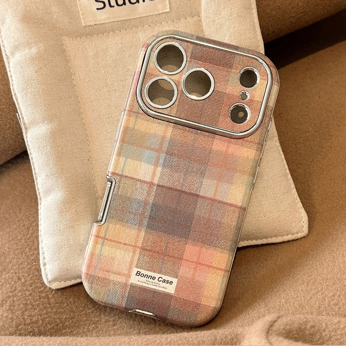 Korean Grid Pattern Cloth Texture Plating Phone Case With Stars Strap For iPhone