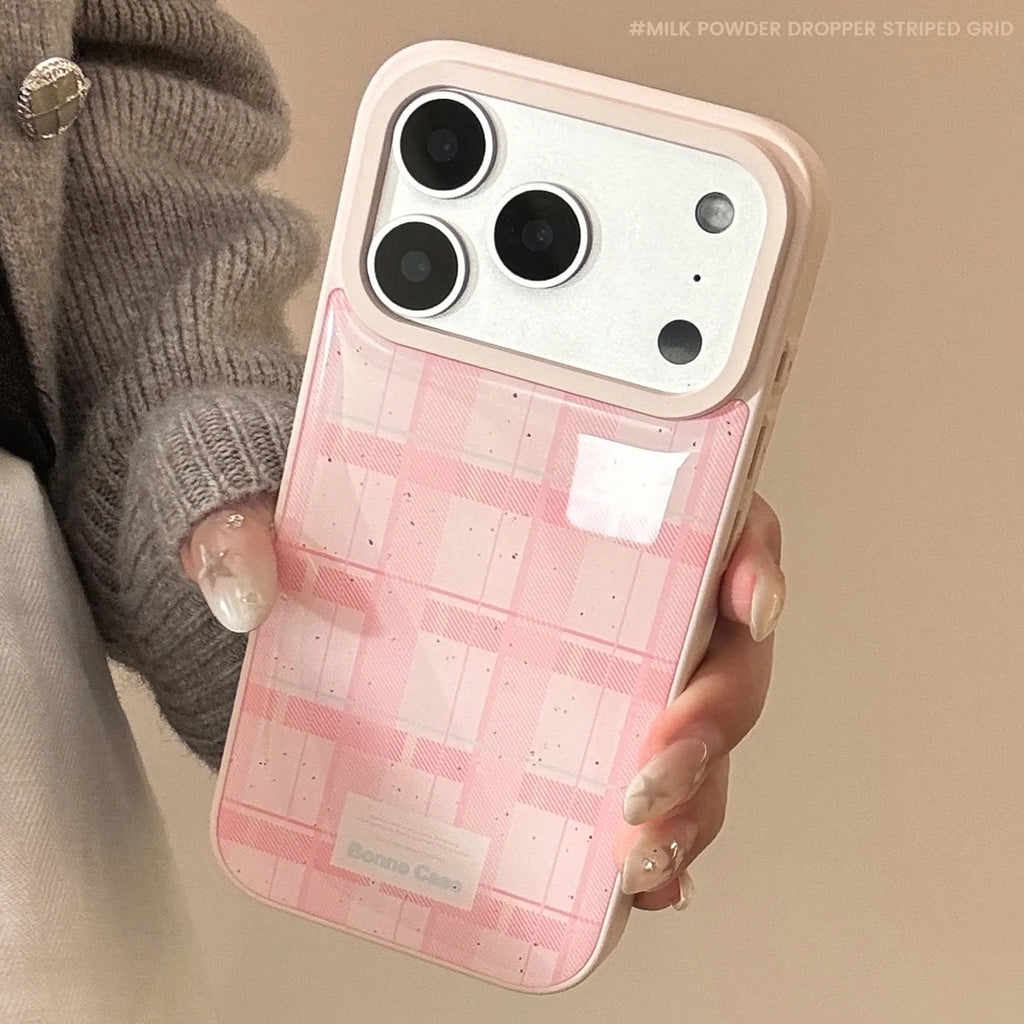 Korean Splash-ink Pink Grid Pattern Drop Glue Phone Case For iPhone