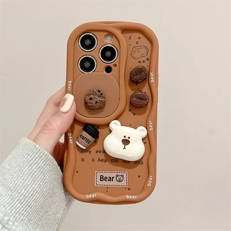 3D Coffee Cartoon Bear Phone Case With Wrist Strap For iPhone