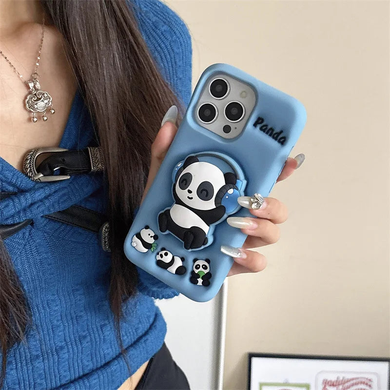 Cartoon Headset Panda Soft Silicone Telescopic Bracket Phone Case For iPhone