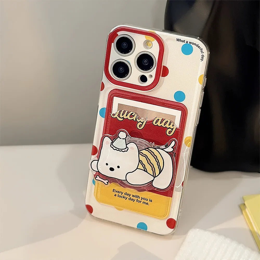 Cute Cartoon Puppy Bracket Card Holder Phone Case With Lanyard For iPhone