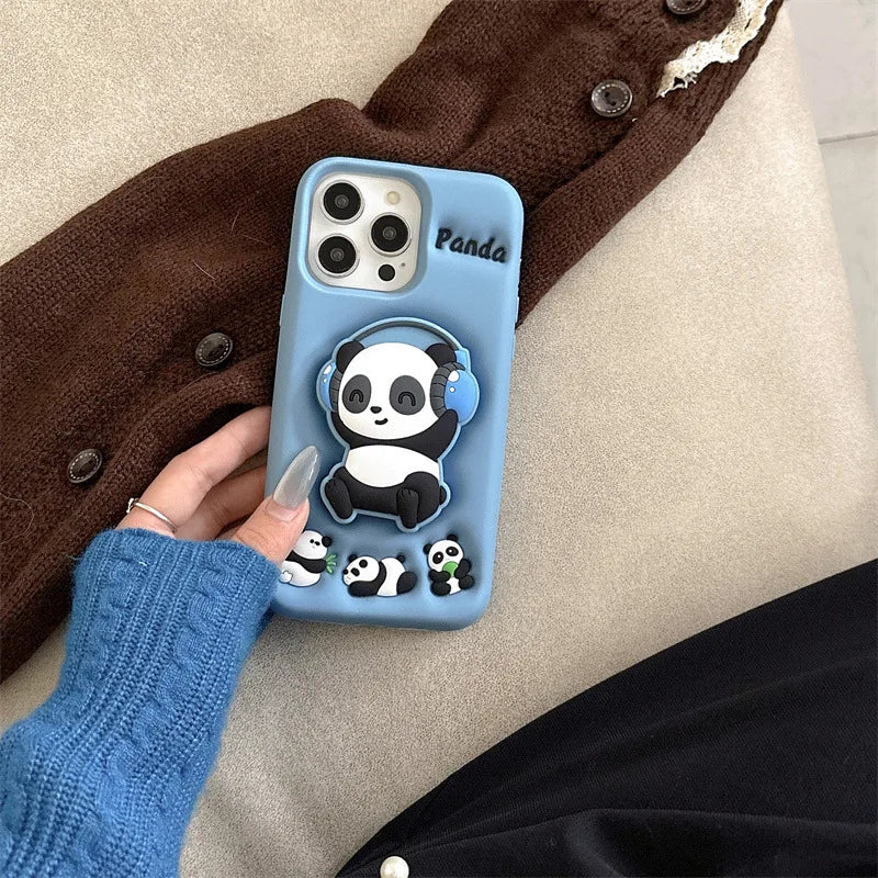 Cartoon Headset Panda Soft Silicone Telescopic Bracket Phone Case For iPhone