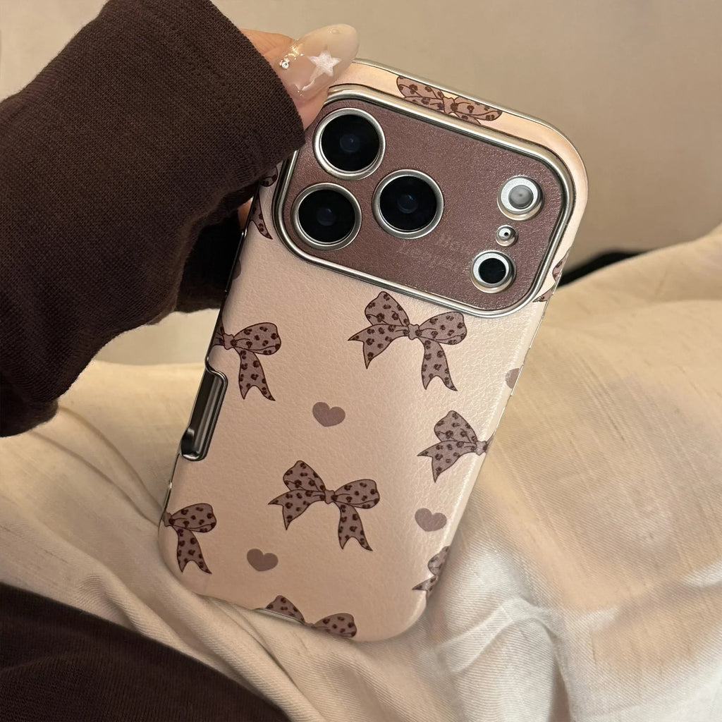 Korean Cute Leopard Print Bowknot Leather Texture Phone Case For iPhone