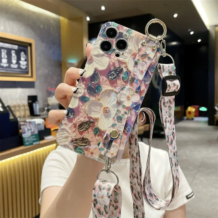 Fashion Oil Painting Flower Crossbody Lanyard Wrist Strap Phone Case For iPhone