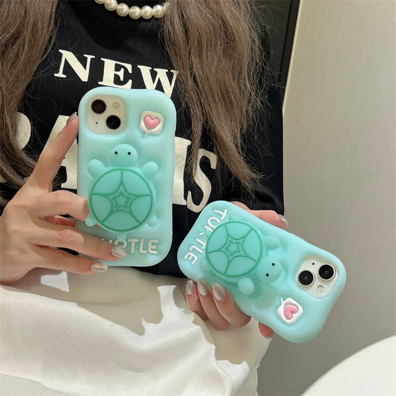 Cute Cartoon Noctilucent Turtle Bracket Soft Silicone Phone Case For iPhone