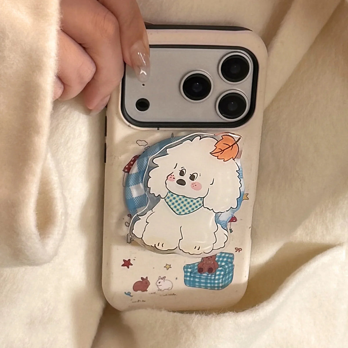 Korean Cartoon Maple Leafs Puppy Magnetic Bracket Phone Case For iPhone