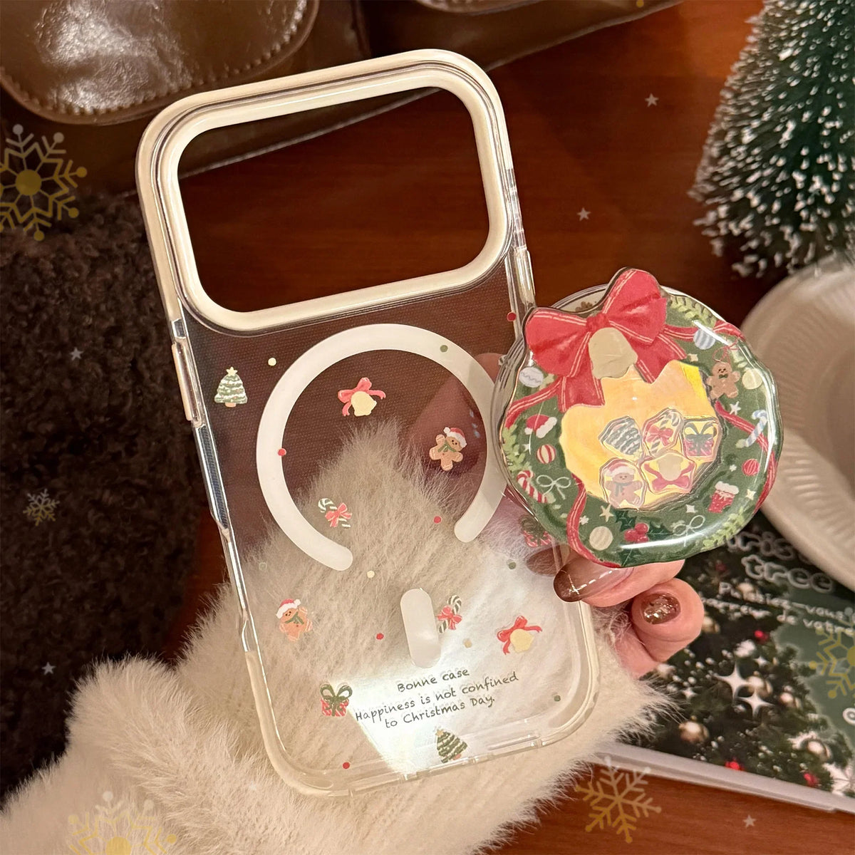 Cute Cartoon Christmas Wreath Quicksand Magnetic Bracket Phone Case For iPhone