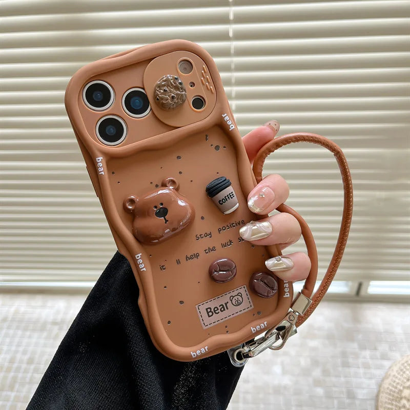 3D Coffee Cartoon Bear Phone Case With Wrist Strap For iPhone