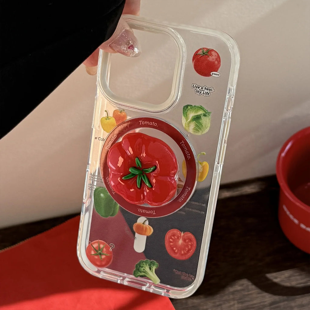 Korean Vegetable 3D Cartoon Tomato Bracket Magnetic Phone Case For iPhone