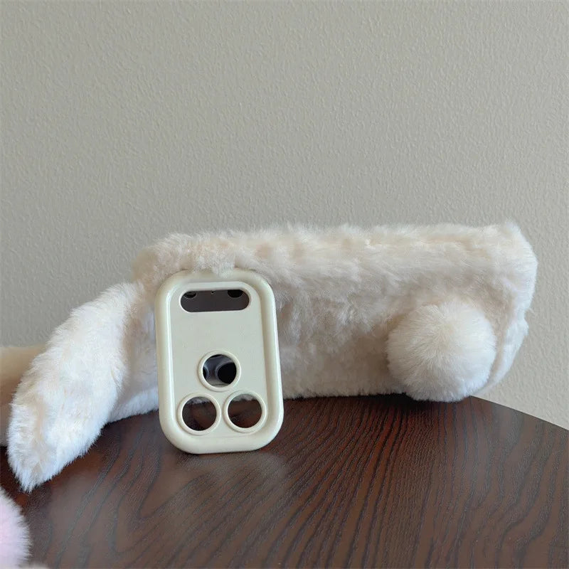 3D Cartoon Solid Colors Rabbit Furry Plush Phone Case For iPhone