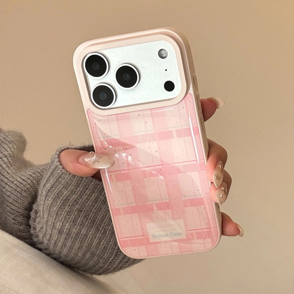 Korean Splash-ink Pink Grid Pattern Drop Glue Phone Case For iPhone