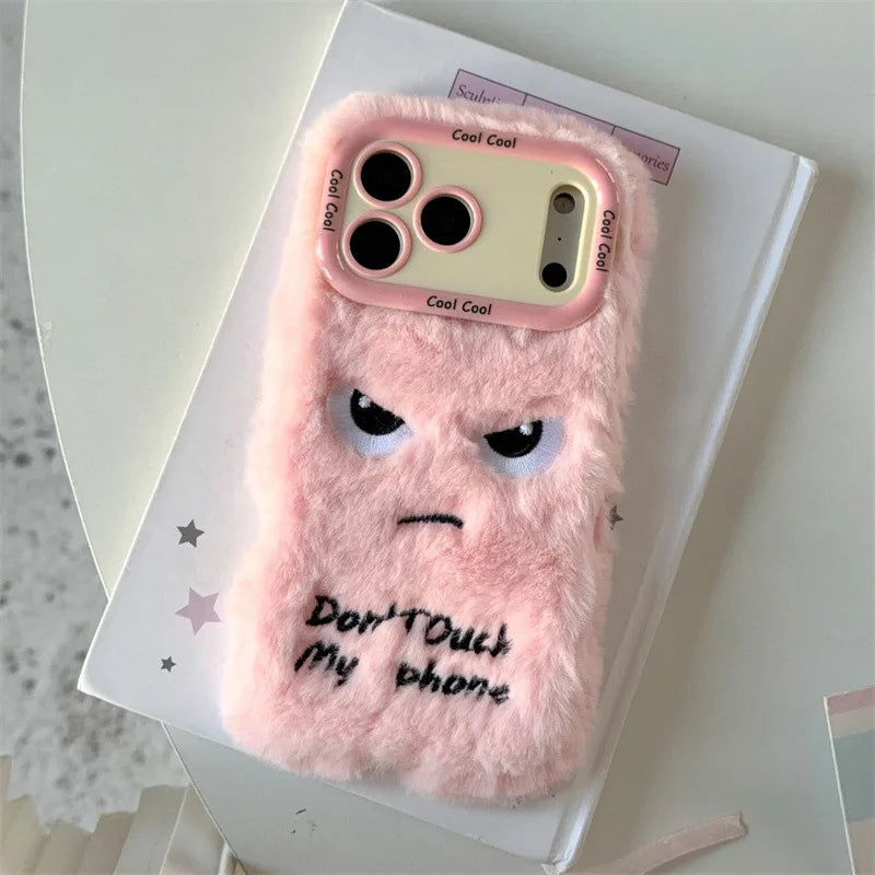 Cartoon Angry Face Expression Fluffy Plush Phone Case For iPhone