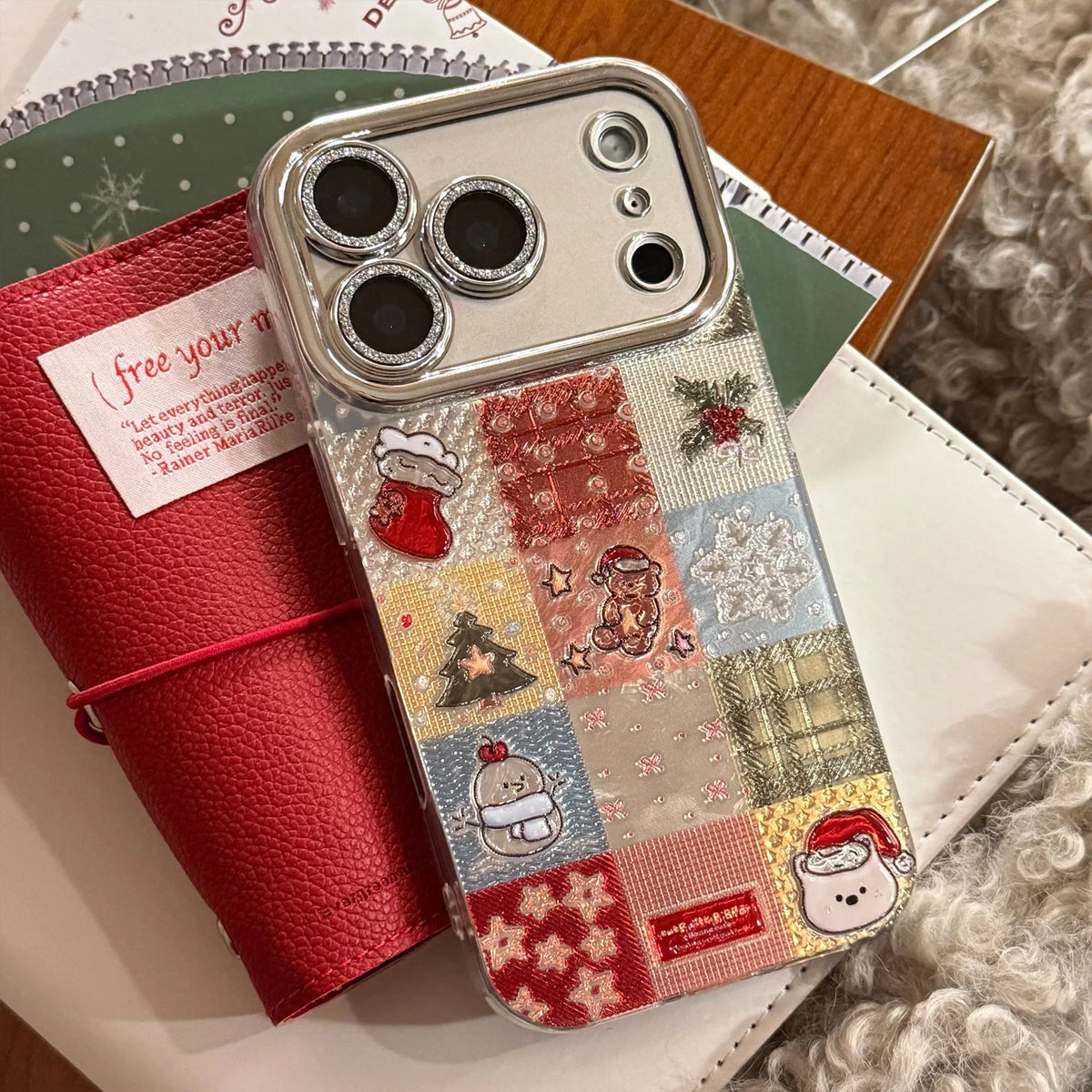 Korean Christmas Grid Pattern Glitter Phone Case For iPhone