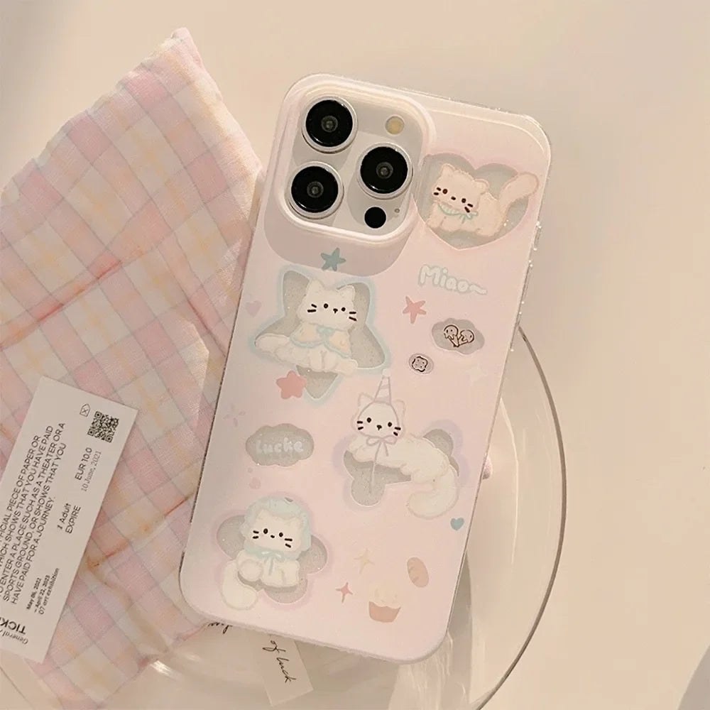 Korean Glitter Cartoon Cute Cats Clear Soft Phone Case For iPhone