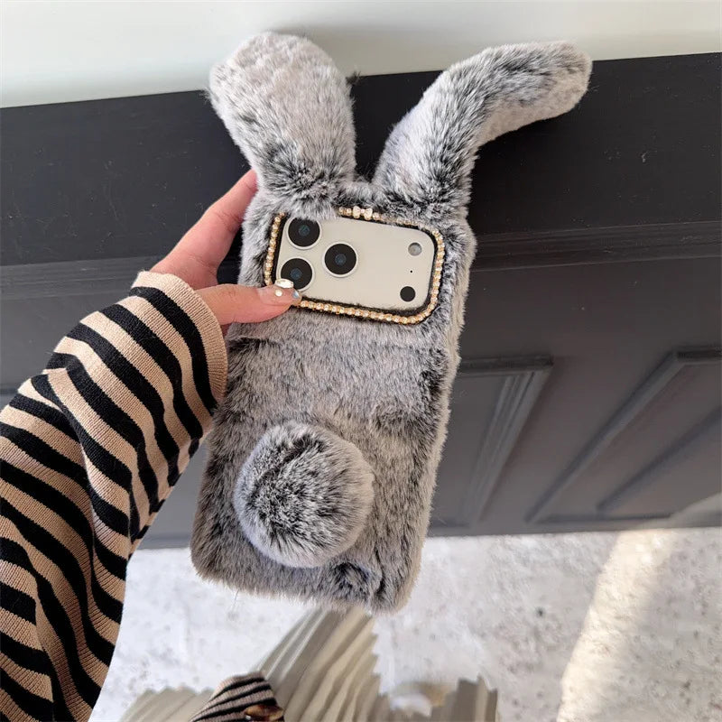 3D Cute Rabbit Ears Warm Furry Plush Bunny Phone Case For iPhone