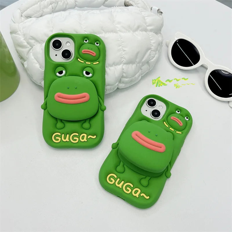 Cute Cartoon Thick Lips Frog Silicone Telescopic Bracket Phone Case For iPhone