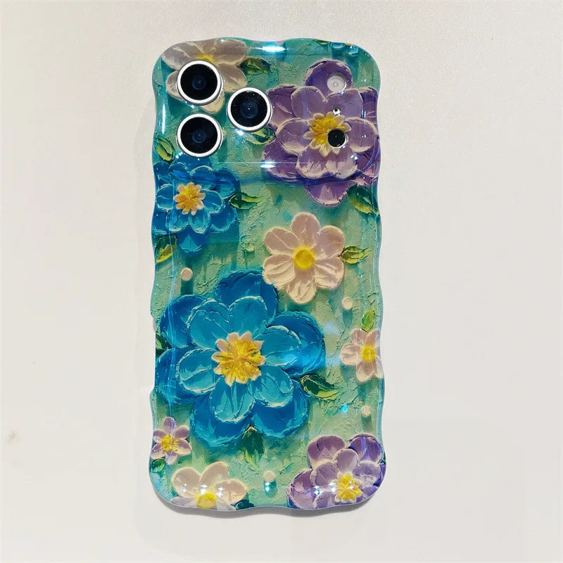 Luxury Blue Light Oil Painting Flowers Wavy Phone Case For iPhone