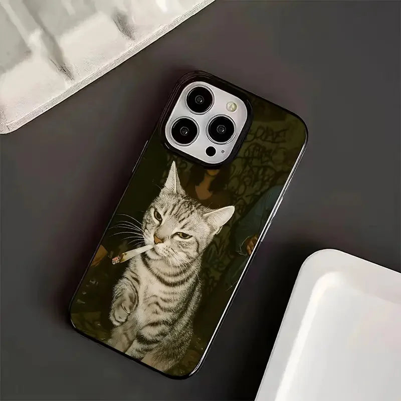 Stylish Cat Smoking Pattern Black Phone Case For iPhone