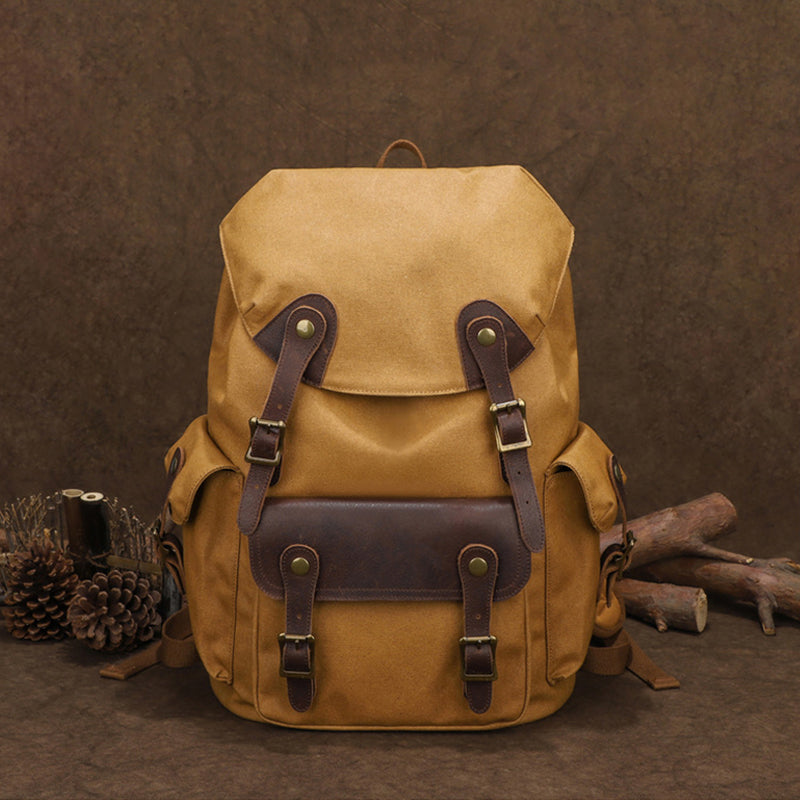 Vintage Canvas Travel Backpack Waxed Canvas 16 Inch Laptop Backpack Waterproof Canvas Rucksack Mens Flap Cover Backpack