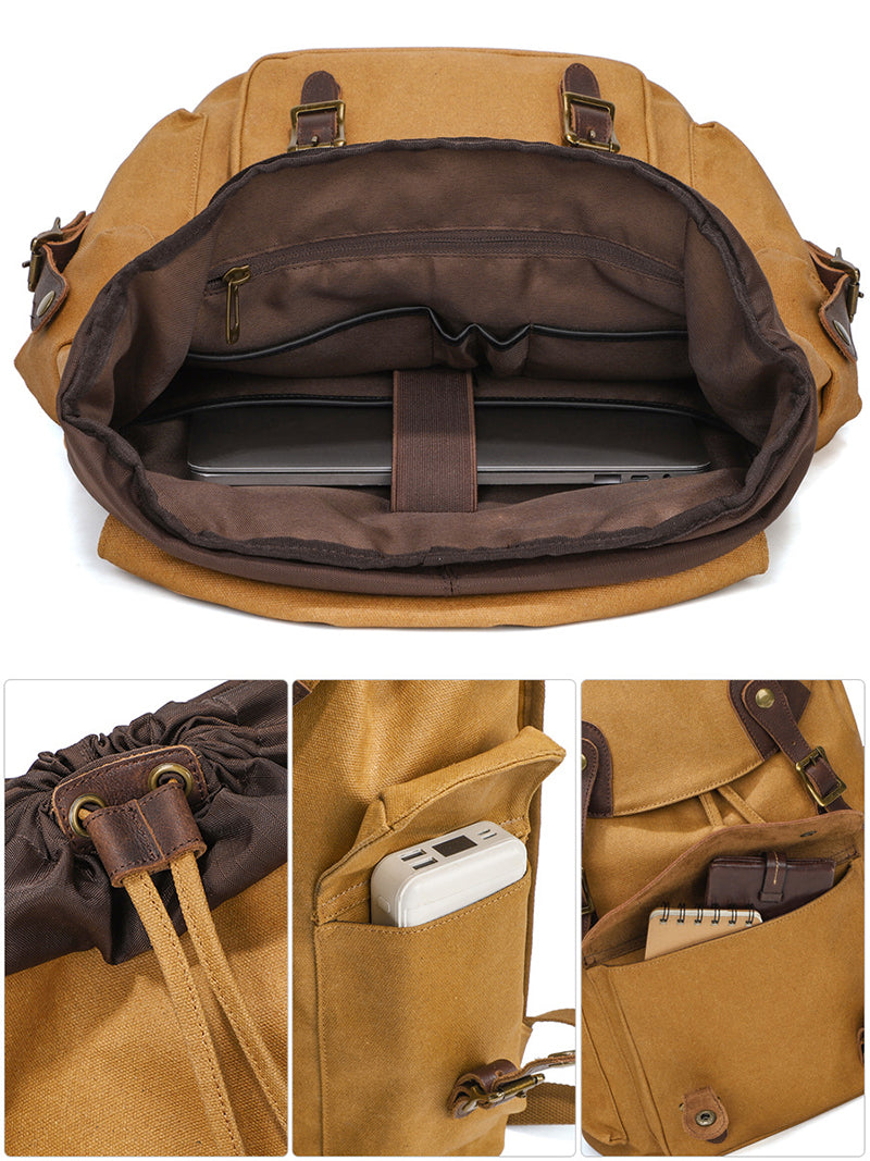Vintage Canvas Travel Backpack Waxed Canvas 16 Inch Laptop Backpack Waterproof Canvas Rucksack Mens Flap Cover Backpack
