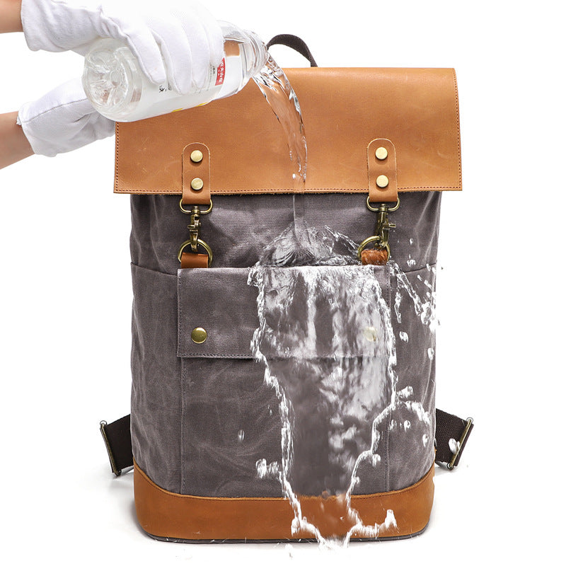 Waterproof Canvas Travel Backpack Full Grain Leather And Canvas Laptop Backpack Flap Cover Camera Backpack