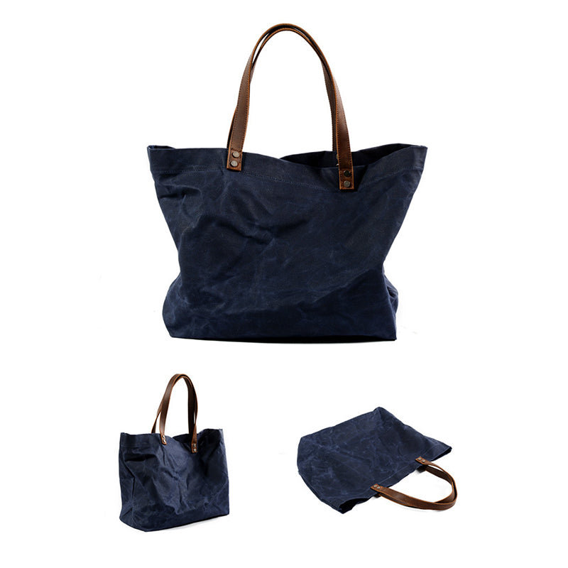 Waterproof Waxed Canvas Handbag Full Grain Leather With Canvas Tote Bag Vintage Style Big Shoulder Bag