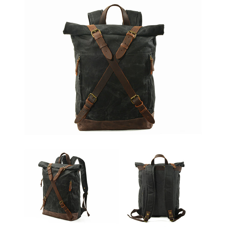 Waxed Canvas Unisex Travel Backpack Waterproof Mountaineering Backpack Canvas With Full Grain Leather Laptop Rucksack