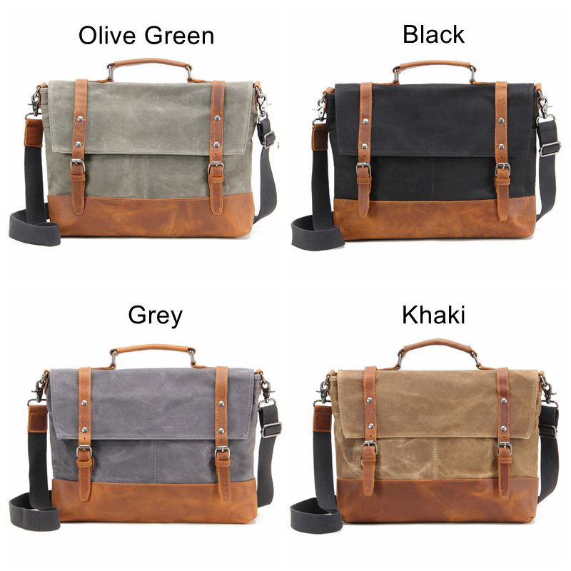 Waterproof Waxed Canvas Messenger Bag, Men's Shoulder Bag, Canvas Bag with Leather Trim