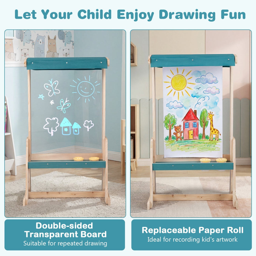 Wooden Art Easel for Kids with Canopy and Paper Roll