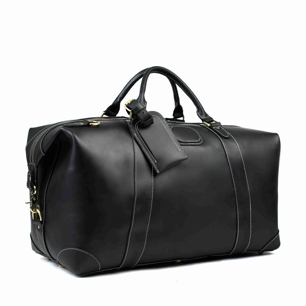 RockCow Black Leather Duffle Bag, Mens Weekend Bag, Mens Travel Bag