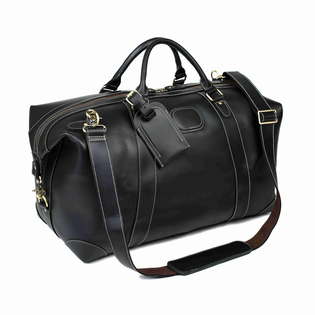 RockCow Black Leather Duffle Bag, Mens Weekend Bag, Mens Travel Bag