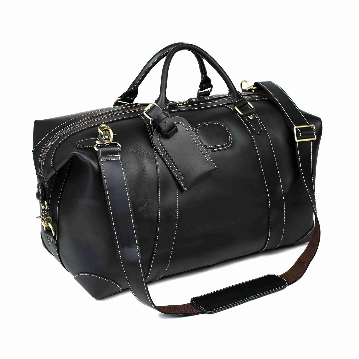 RockCow Black Leather Duffle Bag, Mens Weekend Bag, Mens Travel Bag