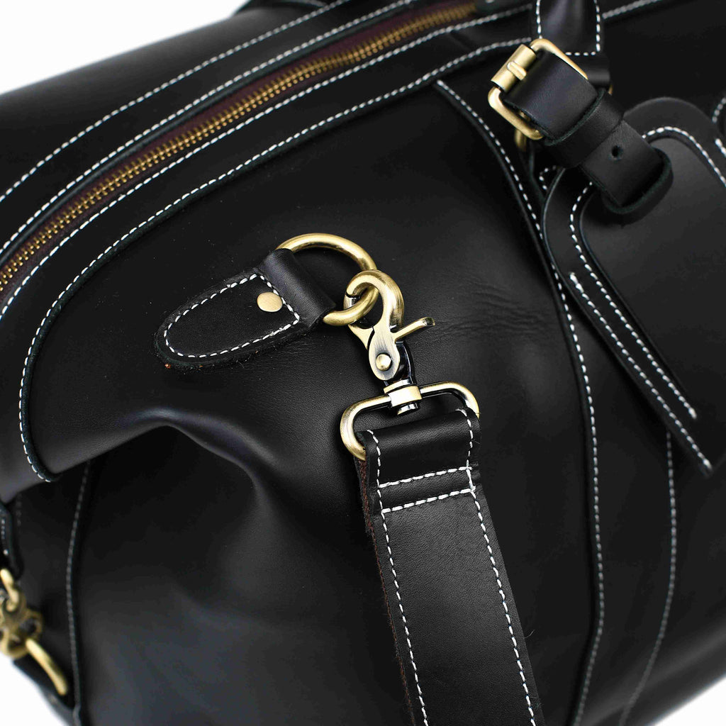 RockCow Black Leather Duffle Bag, Mens Weekend Bag, Mens Travel Bag