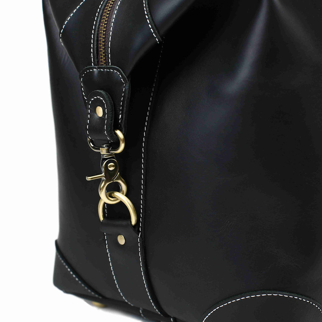 RockCow Black Leather Duffle Bag, Mens Weekend Bag, Mens Travel Bag