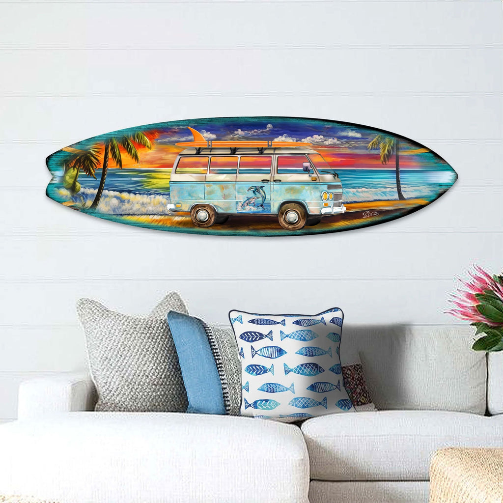 Beach Surf Van Surfboard Coastal Wooden Wall Art by G. DeBrekht - Handcrafted Coastal Holiday Decor Made in the USA - 8490120-3HS