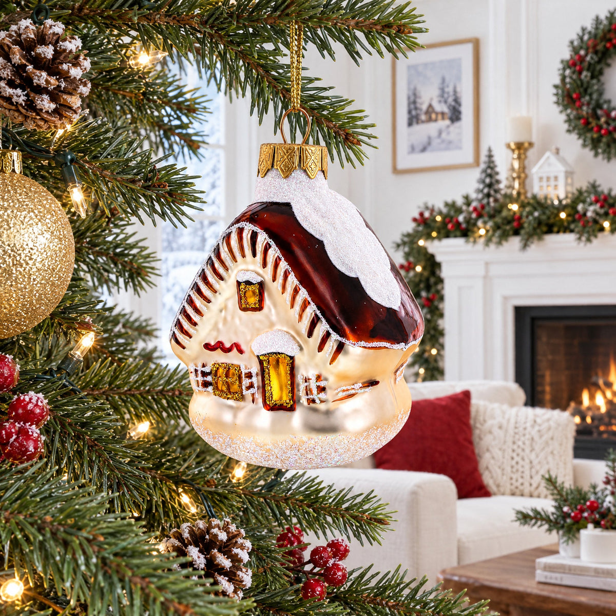 House with Snow-Covered Roof Glass Christmas Ornaments