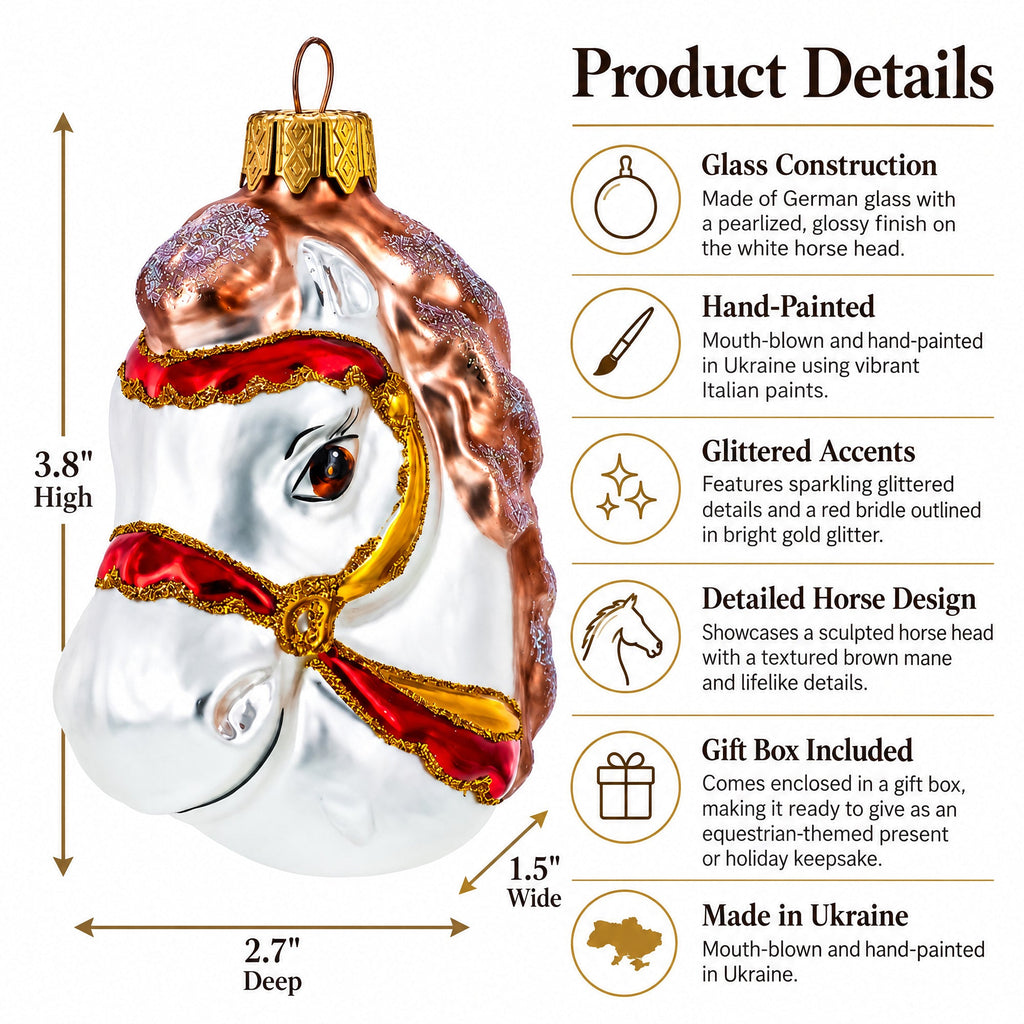 White Horse Head with Golden Bridle Glass Christmas Ornaments
